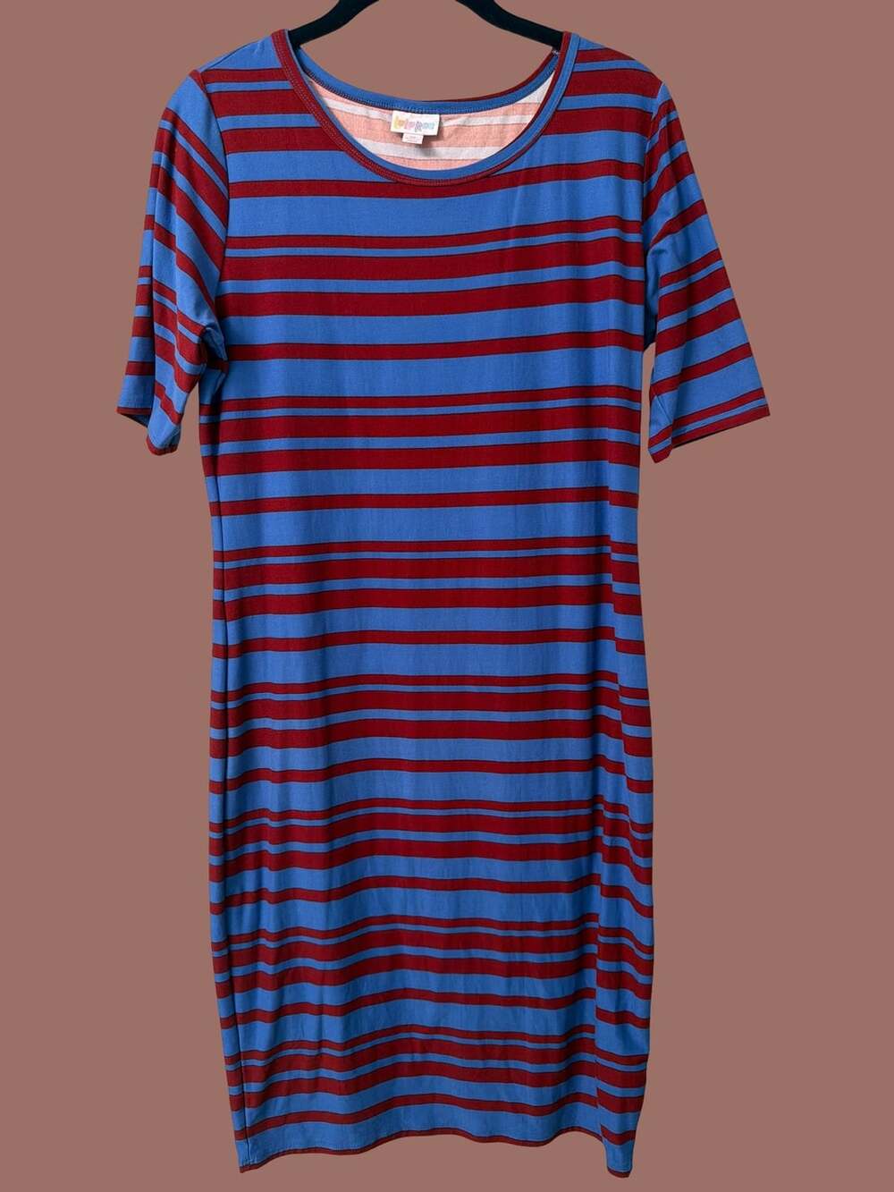 LuLaRoe Julia T-Shirt Midi Bodycon Dress Blue Red Striped Medium